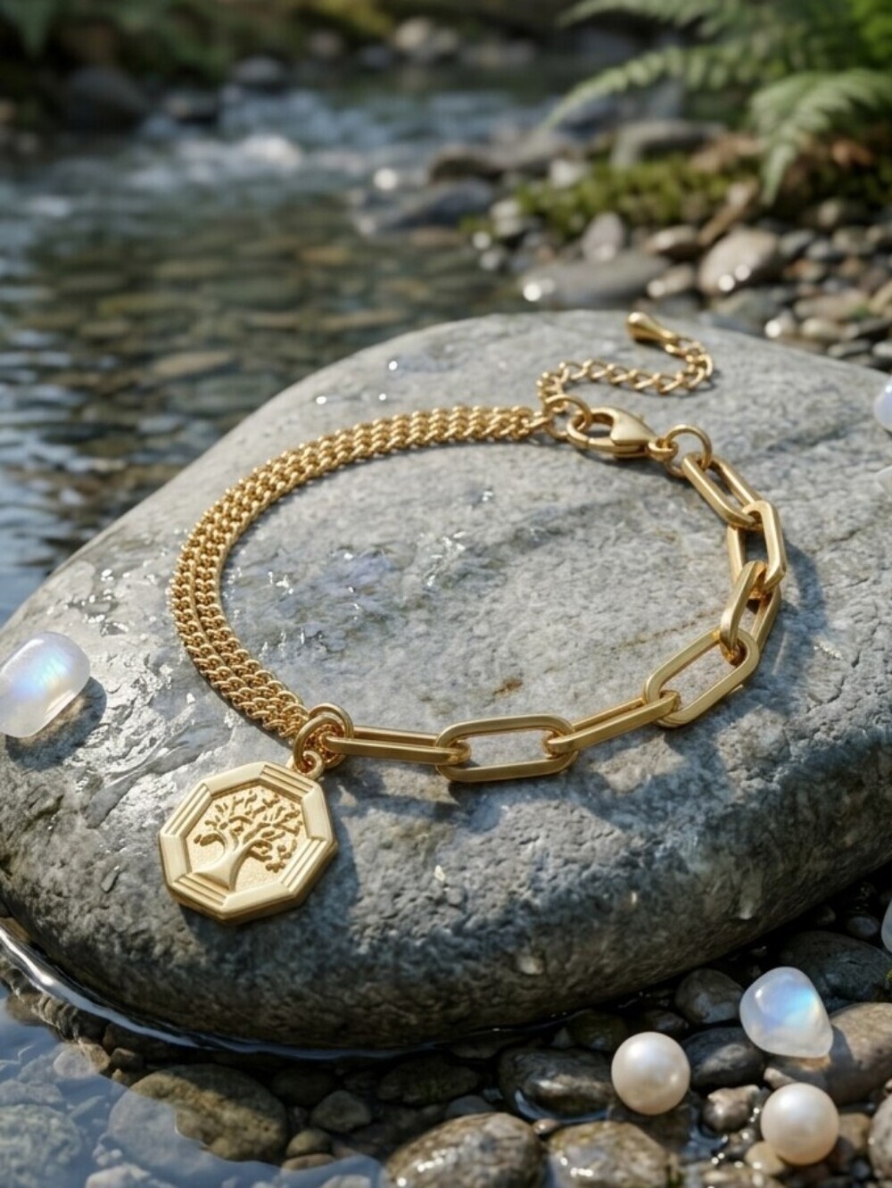 18K Gold Plated Stainless Steel Tree of Life Charm Paperclip Chain Bracelet